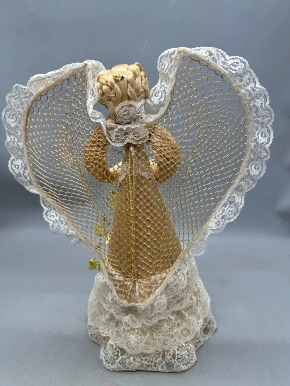 Handcrafted Straw & Lace Angel Figurine Intricate Lace Details READ